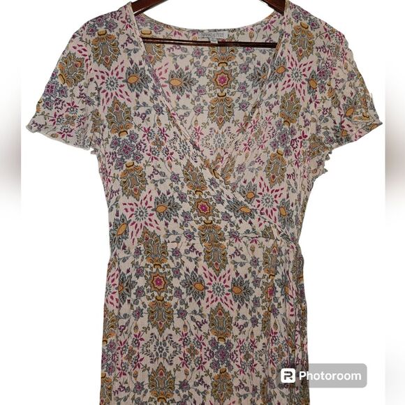 Patrons of Peace Boho Cream Floral Print True Wrap Maxi Dress Short Sleeve - M - Picture 2 of 7